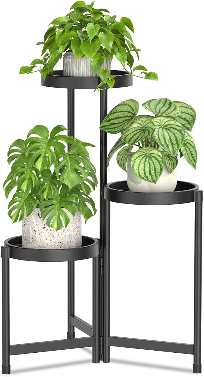 LASZOLA 3 Tiered Plant Stand Indoor Outdoor with Plastic Tray, Corner Folding Tall Flower Display Rack, Modern Plant Holder Shelf for Outdoor Patio Porch Garden Office Living Room, Black