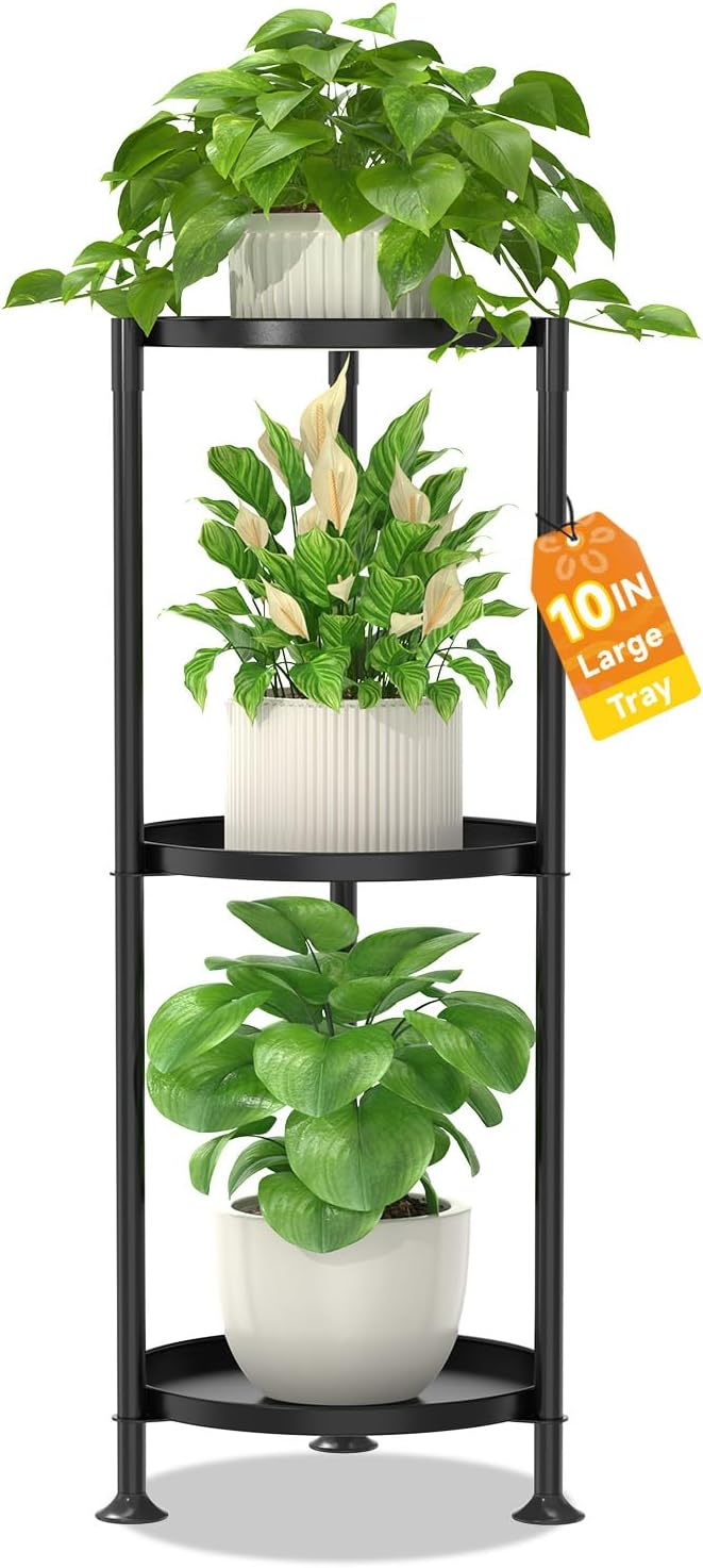 LASZOLA 3 Tier Plant Stand Indoor with Large Metal Tray, Corner Round Flower Holder Rack Tall Outdoor, Morden Planter Display Shelf for Patio Porch Garden Office Living Room, Black