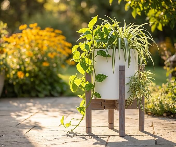 Adjustable Plant Stand for 8-12″ Pots – Solid Acacia Wood Mid-Century Modern Indoor/Outdoor Planter Holder with Stainless Steel Screws – Antique Brush Grey (Pot & Plant Not Included)