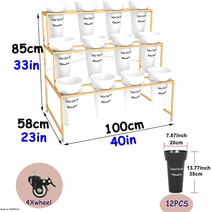 Flower Display Stand with 12pcs Bucket,Heavy Duty Plant Stand with Wheels,33in Tall Flower Cart 3 Tier Flower Shelf for Florist Garden Patio (Gold+White Pot)