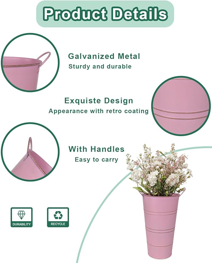 12 Inch Galvanized Metal Vases for Flowers - 6 Pcs Farmhouse Decorative Tall Flower Bucket with Handles, Rustic French Tin Planter Buckets for Wedding Decor (Pink)