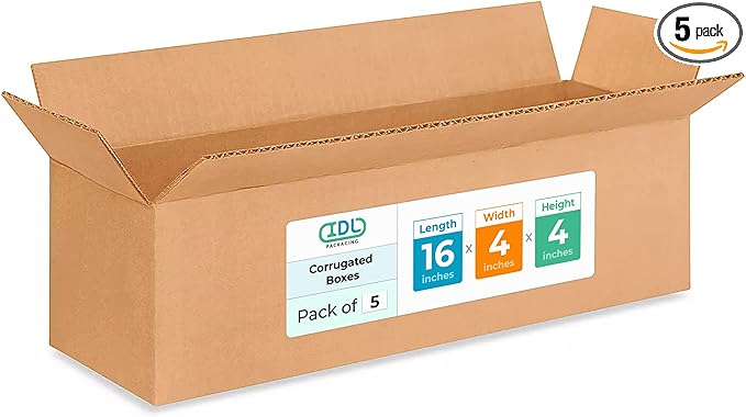 Long Moving & Shipping Boxes 16 x 4 x 4 inches (5-Pack) - Extra Strength 200 lb vs Regular - Corrugated Moving Boxes for USPS/UPS/FEDEX - Strong Shipping Box - Cardboard Box by IDL Packaging