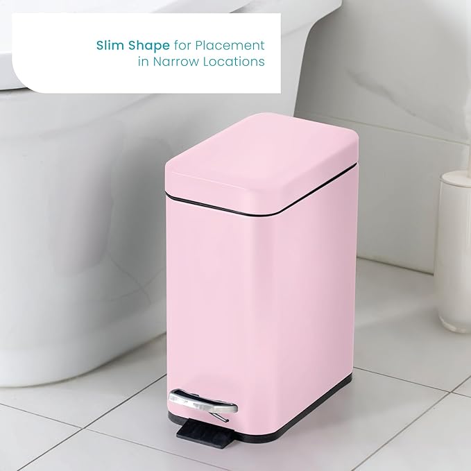 Home Zone Living 1.3 Gallon Small Bathroom Trash Can with Lid and Step Pedal, Stainless Steel Wastebasket with Slim Design for Home and Office, Matte Pink, 5 Liters