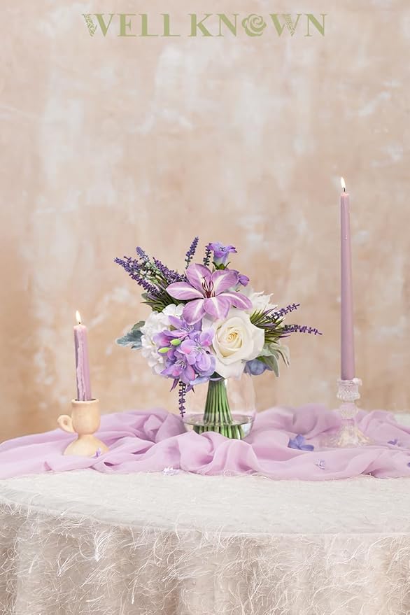WELL KNOWN Fake Flowers in Vase Artificial Flowers with Fake Water, Real Touch Faux Silk Rose & Blooming Tulips Spring Flower with Lavender Arrangements for Table Decor (White Purple)