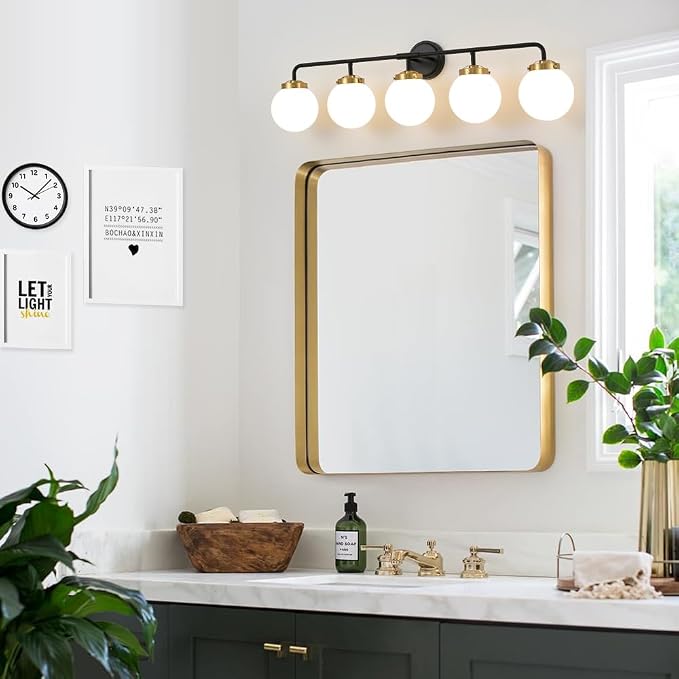 Black Gold Bathroom Light Fixtures Over Mirror, Modern Vanity Lighting with Milk White Glass Globe Shades 5-Light Farmhouse Wall Sconce