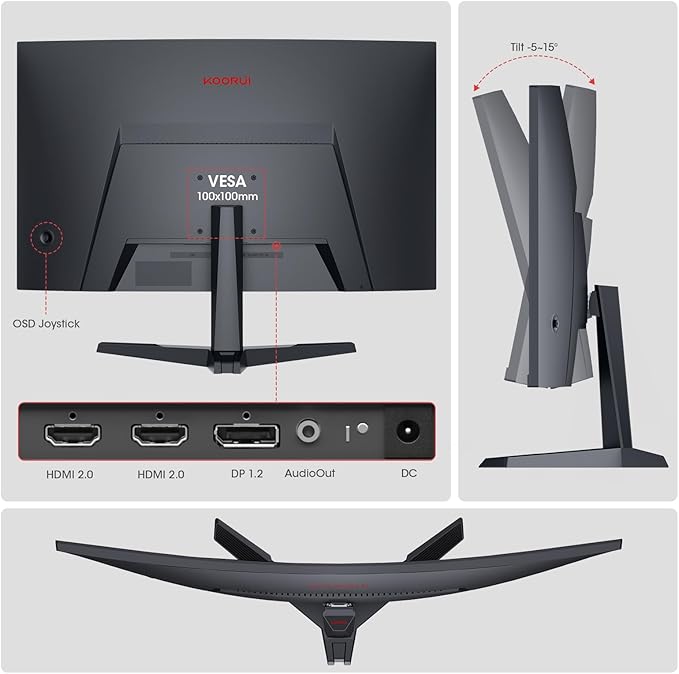 KOORUI 27 Inch Curved Gaming Monitor, Full HD 1080p 1500R 180Hz Computer Monitor, 99% sRGB, Adaptive Sync, Display Port 1.2x1 & HDMI 2.0x2, Eye Care, VESA Compatible, Black 27E6CA