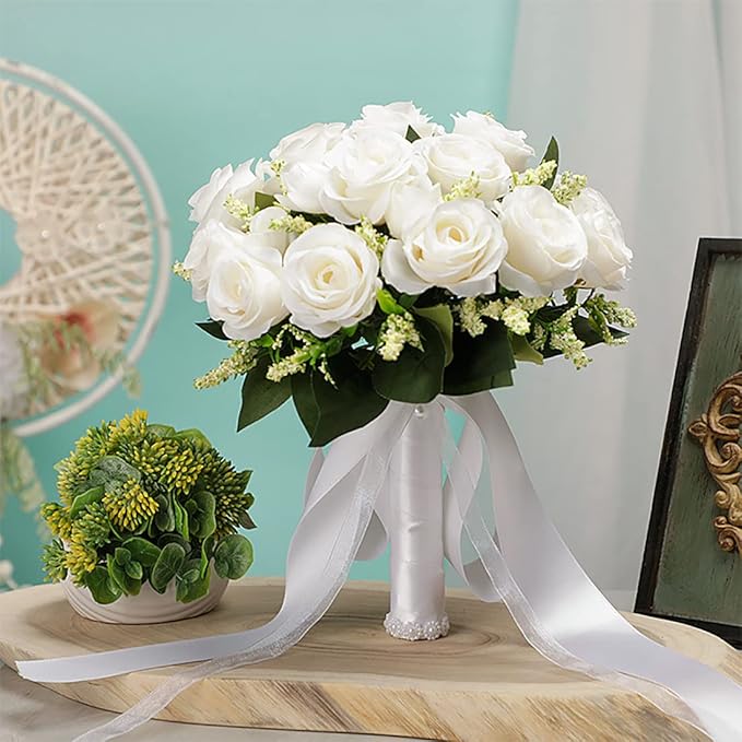 CYANLUX Wedding Bouquets for Bride Bridesmaid Bouquet Champagne White Artificial Roses Flowers for Wedding Valentine's Day Church Home Decoration (1#White)…