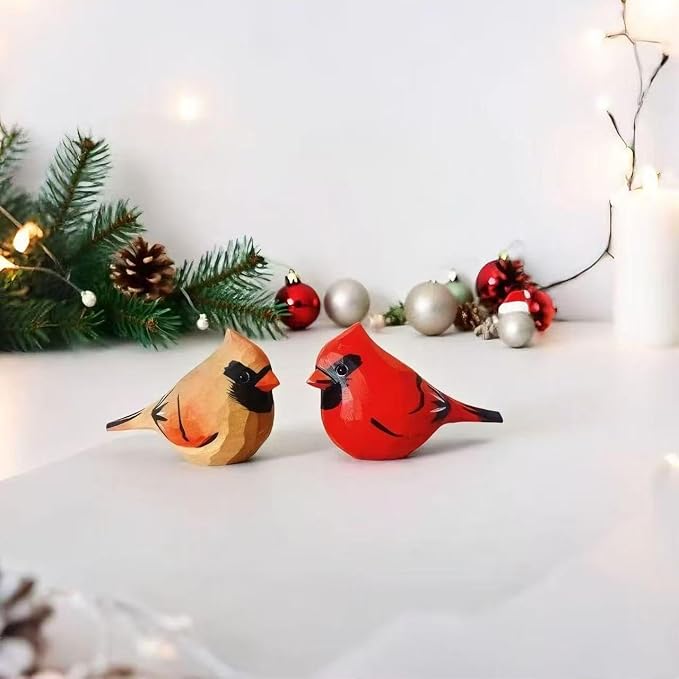 Handmade Wooden Northern Cardinal Figurine - 3.7" Hand-Carved Female Bird Statue - Solid Basswood Bird Sculpture for Home Decor, Christmas Ornament, Memorial & Bird Lover Gift