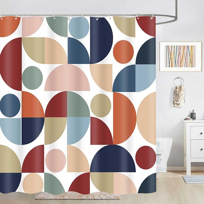 Mid Century Colorful Geometric Shower Curtain Vintage Rainbow Abstract Art Bathroom Curtain Decor 72x72 Inch Washable Fabric Retro Bright Boho Circle Patterned Bath Curtain with 12 Hooks