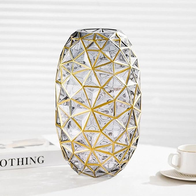 Hand Painted Gold and Grey Diamond Shaped Glass Crystal Vase 13.6 inch Tall,Modern Large Glass Home Office Decor for Living Room Dining Table Centerpieces, Birthday and Wedding