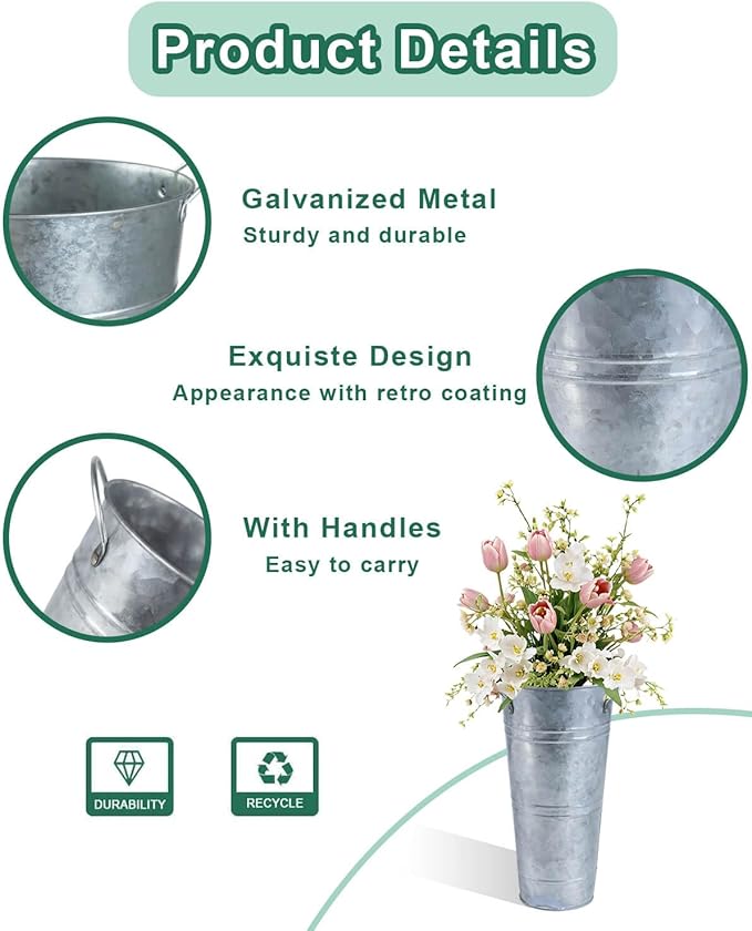 9 Inch Galvanized Metal Vases for Flowers - 2 Pcs Farmhouse Decorative Tall Flower Bucket with Handles, Rustic French Tin Planter Buckets for Wedding Decor (Silver)