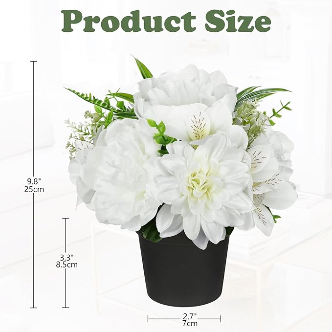 White Artificial Flowers Small Fake Flowers in Vase Peonies Dahlia Tiger Lily Potted Silk Flower Arrangements Faux Plants & Flowers Home Bathroom Kitchen Table Centerpieces Desk Decor