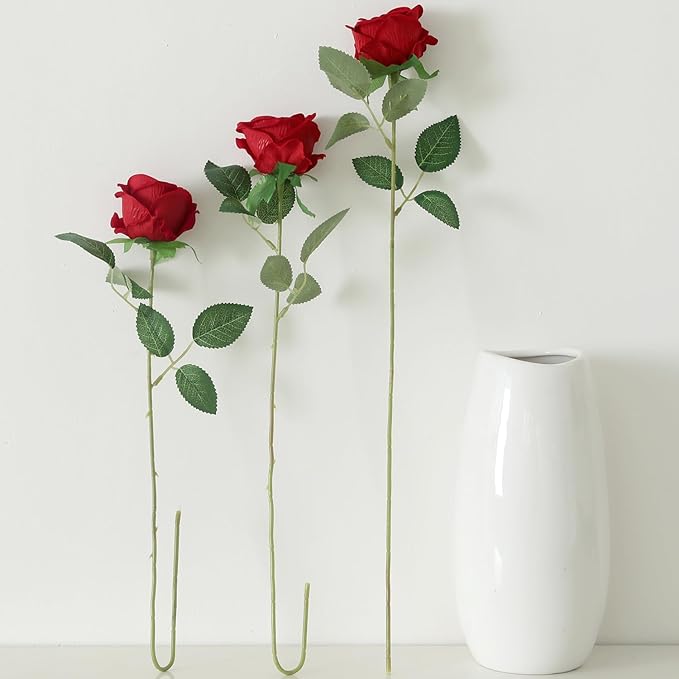 15Pcs Pearl Red Roses Artificial Flowers Fake Roses Long Stem Velet Rose Silk Flowers for Home Wedding Decoration (Pearl Roses,Red)