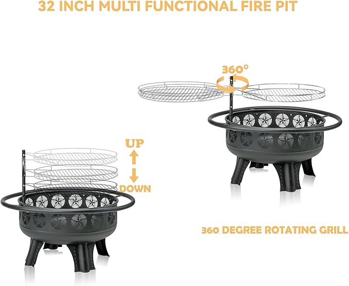Verdeluxe 32 Inch Fire Pit with Swivel Cooking Grate,3-in-1 Wood Burning Firepit with Grill,Outdoor Fire Pits Table with Metal Lid and Poker for Outside Patio Backyard BBQ Bonfire Camping (32 Inch)