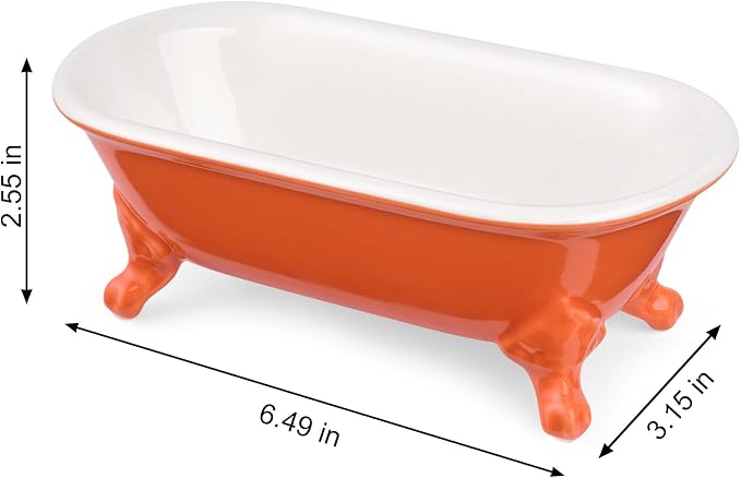6.5" Ceramic Mini Decorative Clawfoot Bathtub Bar Soap Dish, Kitchen Sponge Holder and Shower Tray for Bathroom, 1 Pack(Dark Orange)