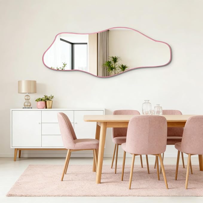 Large Irregular Mirror, 60"x24" Pink Asymmetrical Tempered Glass Mirror, Modern Organic Shape Frameless Mirrors for Entryway Hallway Bedroom Living Room, Horizontal or Vertical Hanging