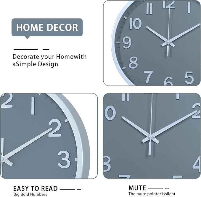 Wall Clocks Battery Operated 12 inch Modern Wall Clock,Silent Non Ticking Wall Clock for Living Room Bedroom Kitchen Office Classroom Decor (Gray White)