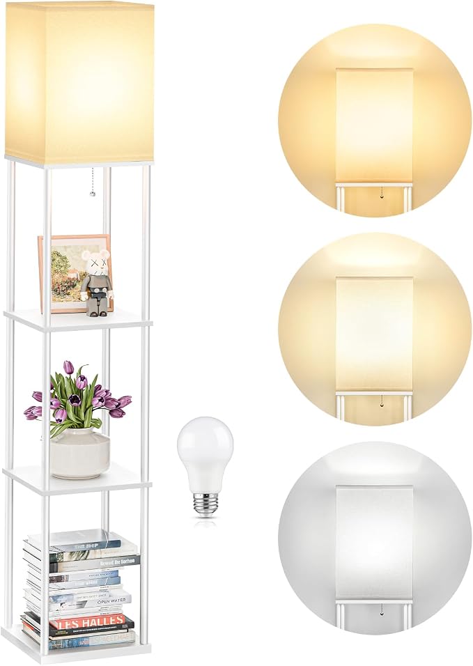 SHINE HAI Floor Lamps with Shelves for Living Room, 3-Tier Square Modern Standing Lamp with 3CCT Bulb, 11W 950LM Brightness, Tall Shelf Lamp for Bedroom, Office, Bookshelf & Display Organizer