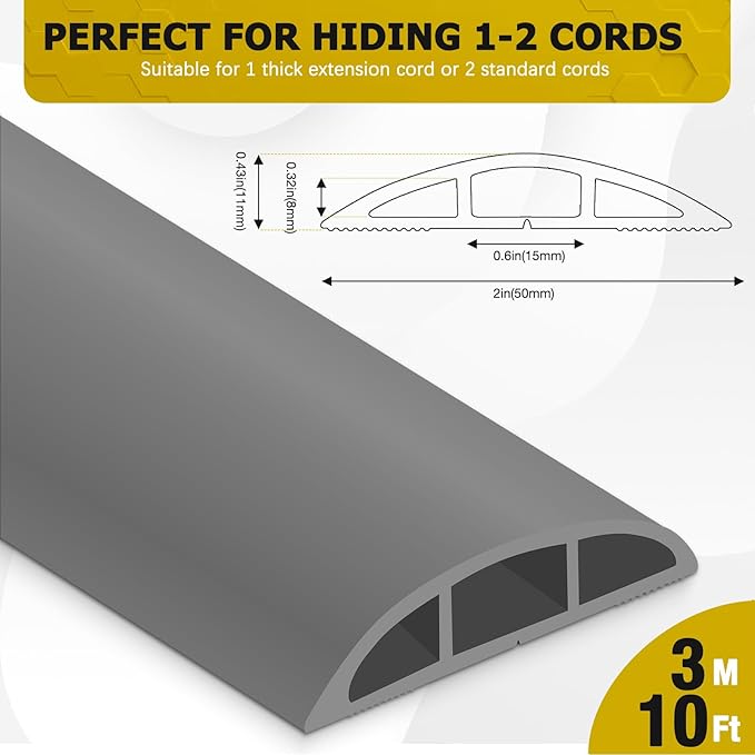 JAHOMFAI Floor Cord Cover 10FT Cord Covers for Wires on Floor Protect Wires & Prevent Trip Hazards, Easy to Cut for Home, Office, School, Concerts, Cavity W0.6in x H0.32in