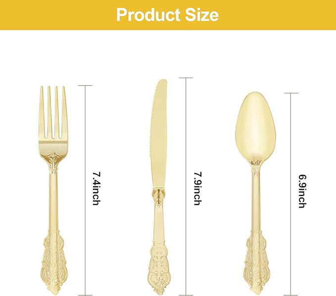 75PCS Gold Plastic Silverware for 25 Guests, Heavy Duty Gold Disposable Utensils Sets, Includes 25 Forks, 25 Spoons, 25 Knives, Elegant Cutlery Perfect for Wedding, Party