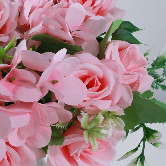 LESING Artificial Rose Silk Hydrangea Flowers Bouquets with Vase Rustic Fake Flowers for Home Decoration Table Centerpiece (Pink)