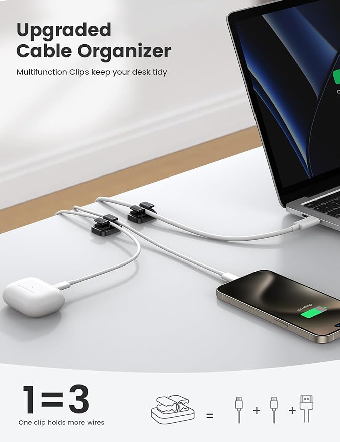 Lamicall 6Pack 3-in-1 Cord Spring Clip Holder - Small Clips for Desk Cable Organizer, Adhesive Adjustable Cable Holder for Charger Wire, USB Cord, Office, Car, Cord Management, Desk Accessories