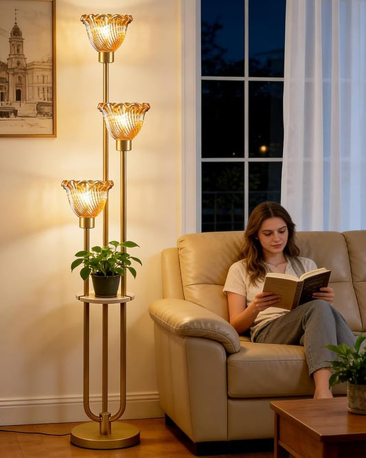 Lightdot Glass Floor Lamp for Living Room Gold with Amber Glass Shade & 3000K Bulbs Included 3-Lights Modern Tall Standing Lamp with 5Lbs Heavy Base for Bedroom/Sofa Beside/Corner Decor/Party