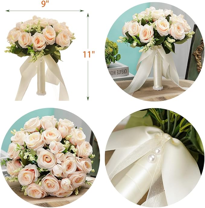 CYANLUX Wedding Bouquets for Bride Bridesmaid Bouquet Champagne White Artificial Roses Flowers for Wedding Valentine's Day Church Home Decoration (1#Champagne)…