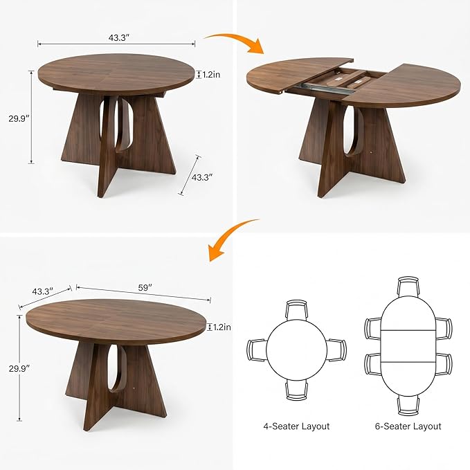 HIPIHOM Modern Round Expandable Dining Table Set for 6, 43.3"-59" Walnut Kitchen Table with 6 PU Leather Chairs, 7-Piece Mid-Century Dining Room Set