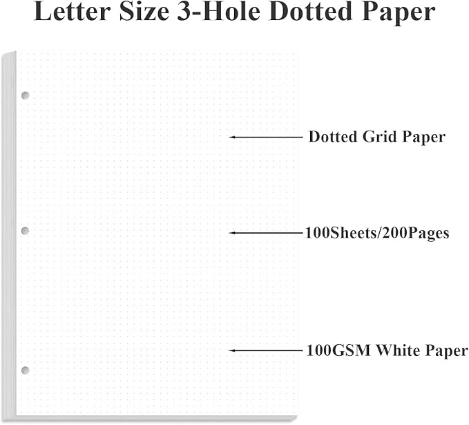 (3-Pack) 3-Hole Dotted Paper Refills, Letter Size Dot Grid Loose-Leaf Paper, 300Sheets/600Pages, 100gsm White Paper, 8.5'' x 11''