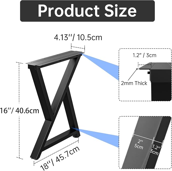 TOCRETOARE Metal Table Legs Heavy Duty, 16”H x 18”W, Metal Furniture Legs for Dining Desk Bench and Coffee Table, Industrial Black DIY Iron Bench Legs, Set of 2