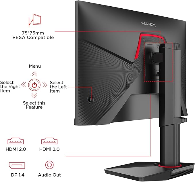 KOORUI 24.5 Inch Gaming Monitor, 1ms, 320Hz Monitor, HDR400, 95% DCI-P3, IPS Display, Adaptive Sync Compatible, Tilt Vertical Height Adjustable, VESA Mount 75x75mm, HDMI & DisplayPor, G2511E