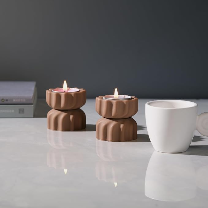Spiral Grain Tealight Candle Holder Set of 2; Cement Tea Light Votive Candle Holder with a Twist; Decorative Small Cement Tea Light Holder for Coffee or Dining Table Decor; 2 x 2.1 Inches