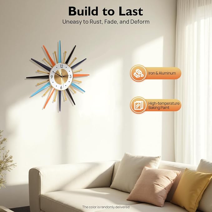 Large Wall Clock 22 Inch, Mid Century Wall Clock Starburst Clock Modern Decor Silent Non-Ticking, Home Décor Big Wall Clocks for Living Room, Kitchen, Dining Room, Bedroom