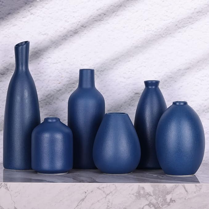 Blue Ceramic Vase - Set of 6 Blue Bud Vases, Modern Farmhouse Navy Blue Decorative Vases for Home, Office, Living Room, Table Decor - Ideal Centerpieces for Flowers, Shelf and Fireplace Accents