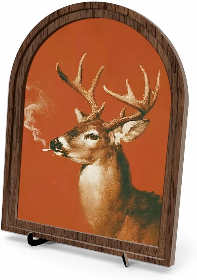 Vintage Deer Art Decor - Arched Wooden Frame with Stand, Retro Whimsical Animal Wall & Tabletop Decor for Living Room, Bedroom, Office, Funny Novelty Home Accent, Unique Housewarming Gift