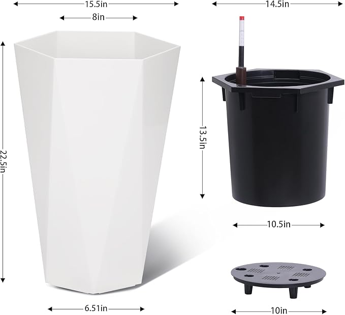 22.4 Inch Tall Planters for Outdoor Indoor Plants Set of 2, Tapered Large Flower Pots with 2 Trays and a Water Level Monitor with Wheels Planter Pots, Plant Pot for Patio, Balcony, Lounge