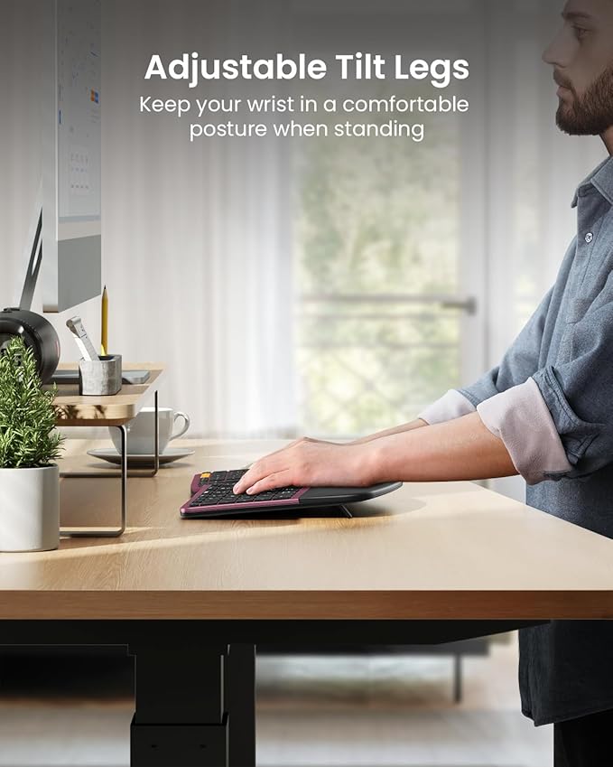 ProtoArc Ergonomic Wireless Keyboard Mouse, EKM01 Plus Full Size Ergo Bluetooth Keyboard Mouse Combo, Split Design, Wrist Rest, Multi-Device, Rechargeable, for Windows/Mac OS - Wine Red