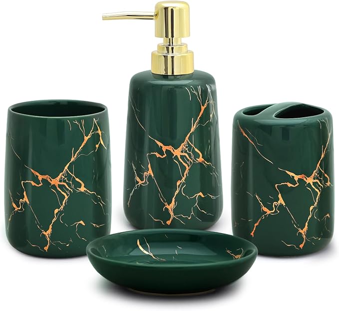CERBIOR Bathroom Accessories Set,4 Pcs Ceramic Bathroom Decor Accessory,Includes Toothbrush Holder, Toothbrush Cup, Soap Dish for Decorative Countertop and Housewarming Gift(Green 4pcs)