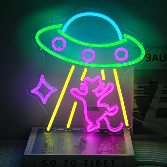 CKTBLEY UFO Cat Neon Sign Fun Alien Neon Light Spacecraft LED Sign Adorable Pink Cat Wall Lights for Bedroom Game Room Man Cave Bar Party Decoration Gifts for Kids Wall Art