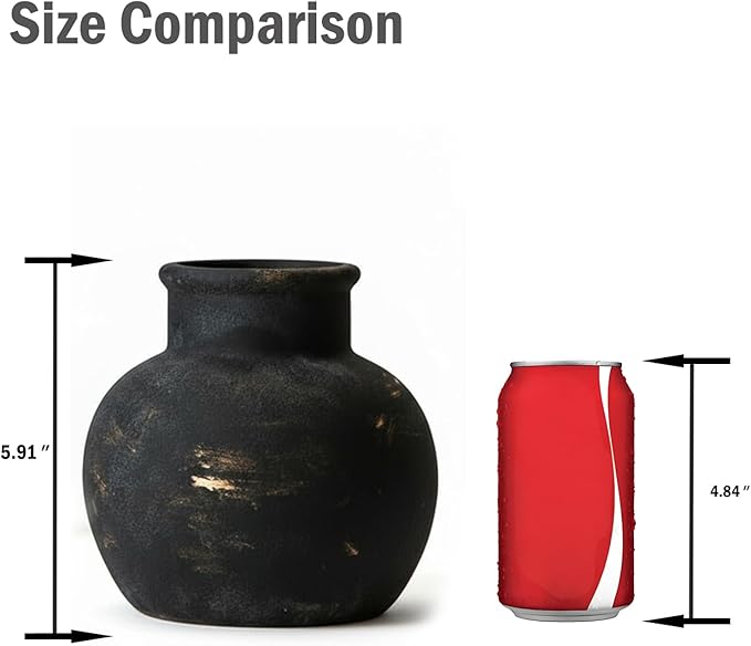 Vintage Ceramic Vases, Distressed Black and Beige, Rustic Farmhouse Decor, Handmade Textured Design for Living Room, Mantel, Coffee Table,Fireplace,Kitchen (Black)