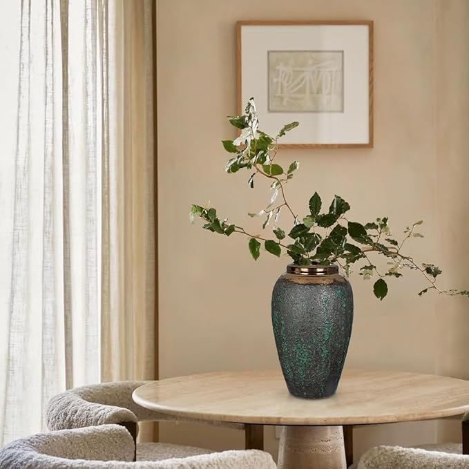 Ceramic Flower Vase, 12" Rustic Farmhouse Flower Vase with Wide Bronze Mouth, Vintage Tall Terracotta Vase for Home, Office, Living Room, Table, Shelf, Mantel Decoration