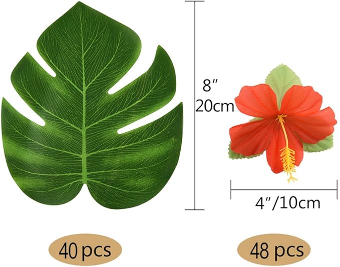 KUUQA 88 Pcs 20cm/8" Tropical Palm Leaves and Silk Hibiscus Flowers Party Decor, Artificial Monstera Plant Leaves Flowers Hawaiian Luau Party Jungle Beach Theme BBQ Birthday Party Decorations Supplie
