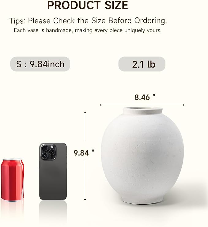 Sandstone Large White Ceramic Vase, 9.8-Inch Matte White Rounded Design for Easy Arranging, Farmhouse & Minimalist Home Decor for Living Room, Mantel, Dining Table, Entryway, Bathroom, Weddings