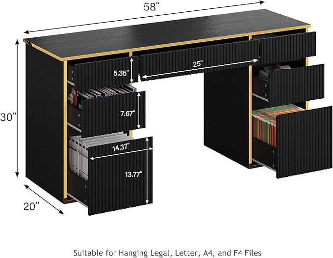 58 Inch Executive Desk with 7 Drawers, Black and Gold Desk with File Drawers for Bedroom, Home Office Desk with Storage for Study, Living Room