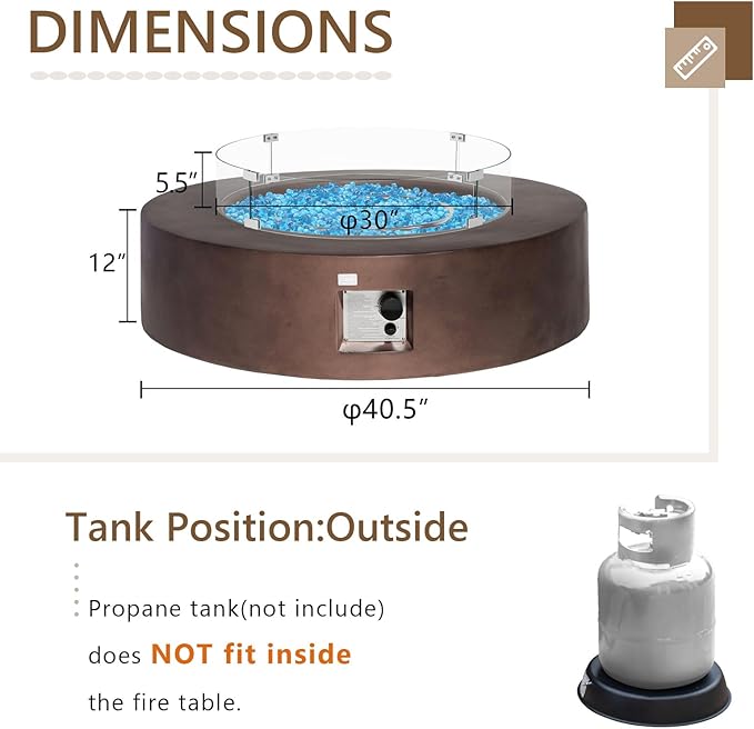 COSIEST Outdoor Propane Fire Pit Coffee Table w Dark Bronze 40.5-inch Round Base Patio Heater, Certified, 50,000 BTU Stainless Steel Burner, Wind Guard, Aqua Blue Fire Glass, Waterproof Cover
