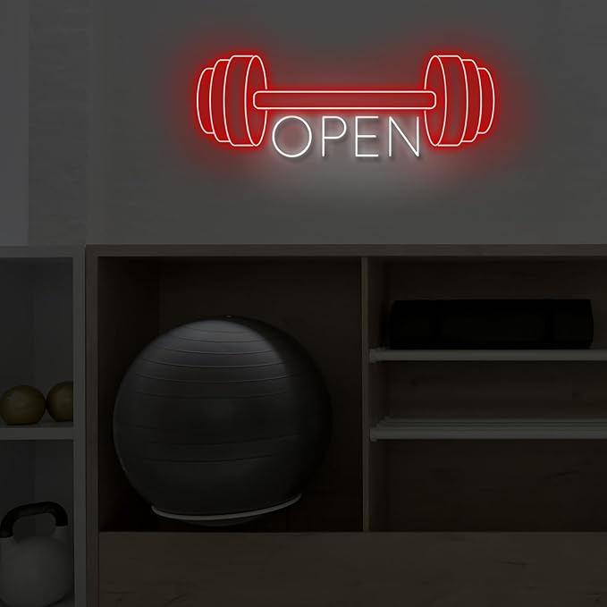 Red Gym Fitness Open Neon Sign, Gym open Led Sign, Weightlifting Led Light, Barbell Neon Light, gym Open Wall Art Decor, House Wall Signs Decor for Business Window Open Signs, Fitness Club Decor