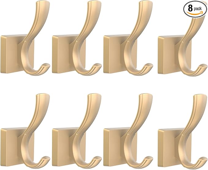 TOFIIGREM Gold Towel Hooks for Wall, Heavy Duty Thick Metal Bathroom Coat Hooks for Hanging Key Robe Hat Backpack, Wall Mount Hooks Bath Kitchen Garage Hooks(8 Pack, Gold)