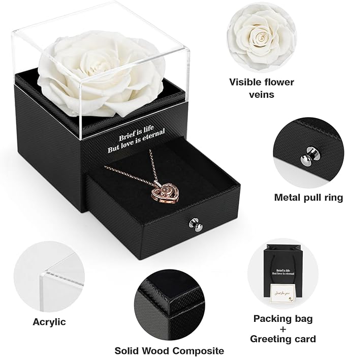 for Mom Wife Women Preserved Real Rose with I Love You Necklace in 100 Language for Her Girlfriend, White Eternal Rose Flower Gifts for Valentine's Day Birthday Anniversary