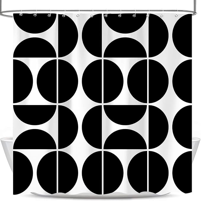Black and White Mid Century Modern Shower Curtain, Boho Abstract Geometric Retro Art Bath Curtains For Bathroom, Colorful Unique Pattern Waterproof Polyester Fabric Bathroom Set 12 Hooks 60X72IN